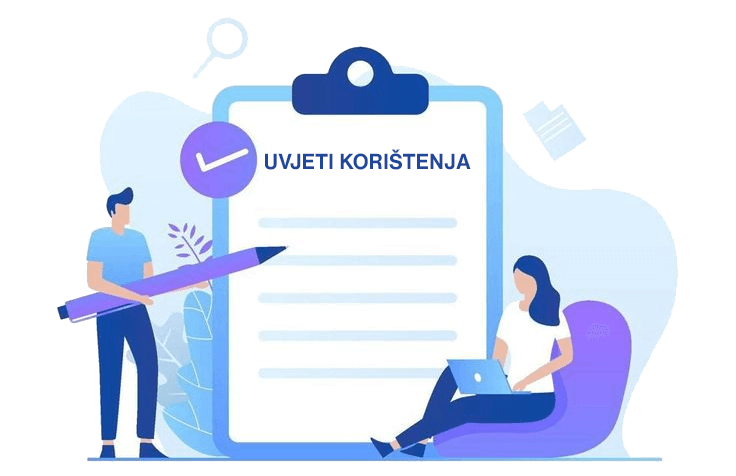 Dvoje ljudi stoje pokraj bloka na kojem piše tekst uvjeti korištenja.