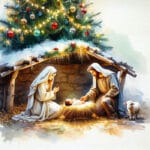 Isus, Marija i Josip u jaslicama pod borom, Božićni ambijent, snjeg, lampice, svjetlost