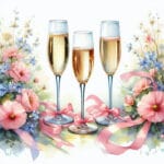 Tri čaše šampanjca s cvijećem i vrpcama