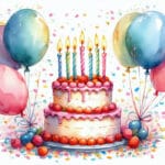 Torta s upaljenim svjećicama i balonima