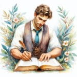 Učitelj piše u otvorenu knjigu s perom i lovorom u pozadini