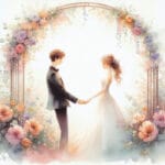 Mladenci pod cvjetnim lukom drže se za ruke