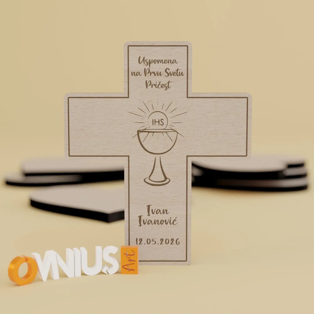 Drvena magnet zahvalnica za Prvu Pričest križ s kaležom hostijom